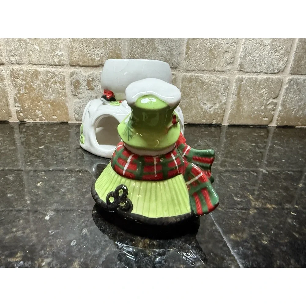 Fitz and Floyd 2013 Holly Hat Snowman Ceramic‎ Tea Light Candle Jar Warmer Rare